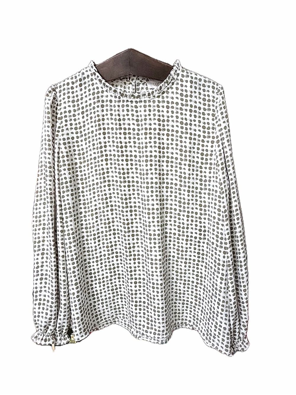 LOFT Outlet Large Olive Green Polka Dot Ruffle Neck Long Sleeve Blouse - Picture 2 of 5